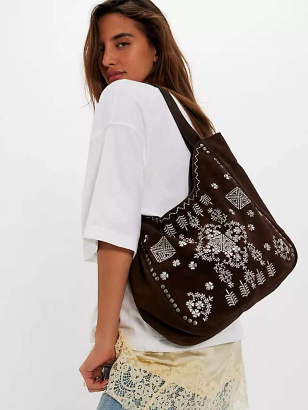 NWT FREE PEOPLE Eden Embroidered Tote Embellished Shoulder Bag Stud Suede Brown